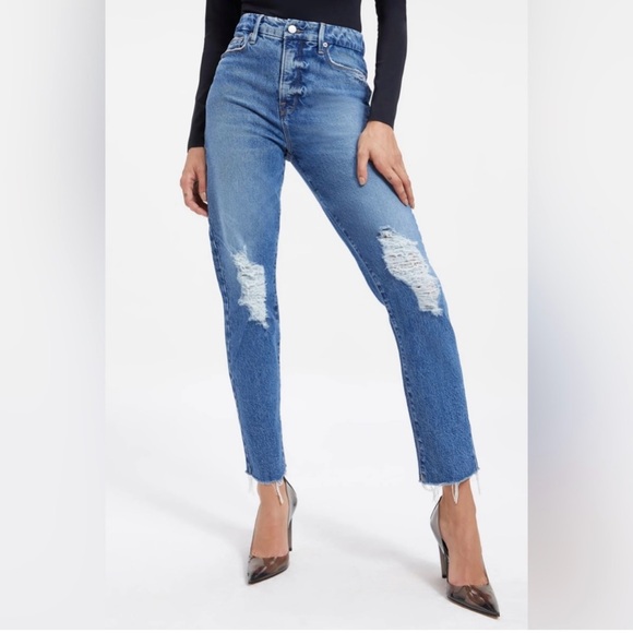 Good American Denim - Good American The Weekender Jeans Medium Wash Distressed Raw Hem Size 6/28